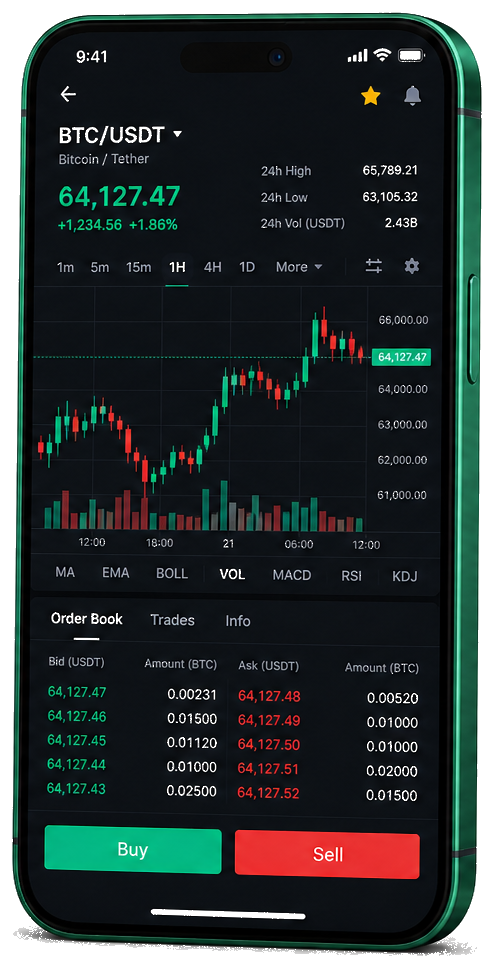 Bitrain Vexmor mobile app — live BTC/USDT graph, order book, and trading features